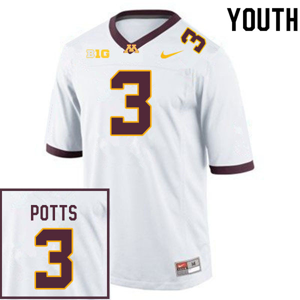 Youth #3 Trey Potts Minnesota Golden Gophers College Football Jerseys Sale-White - Click Image to Close